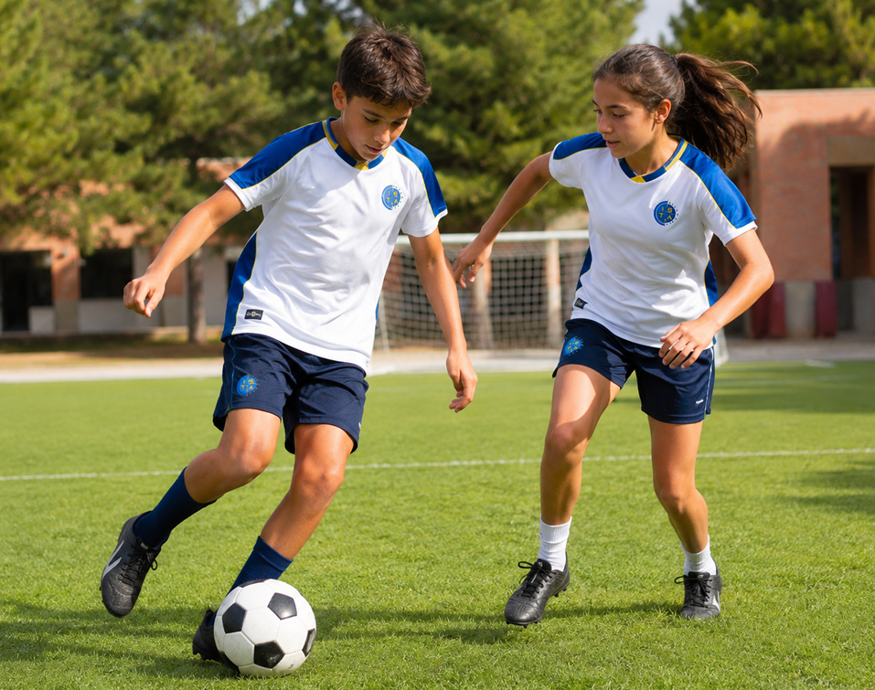Niña y niño jugando al fútbol