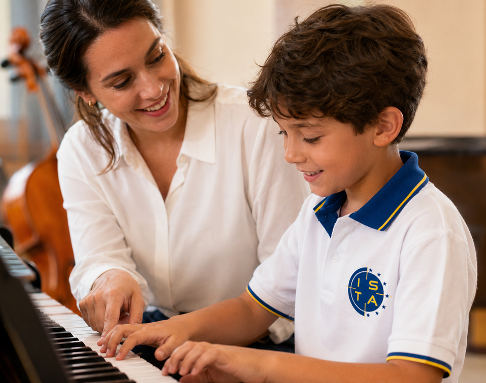 Niño tocando el piano con profesora