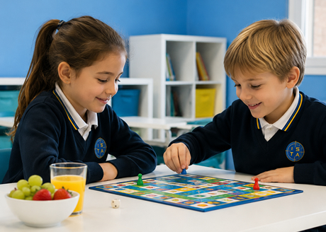 Niño y niña jugando juego de mesa