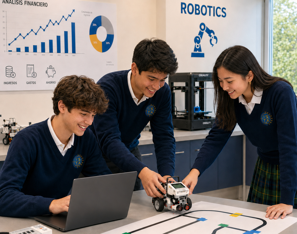 Chicos y chica programando un robot