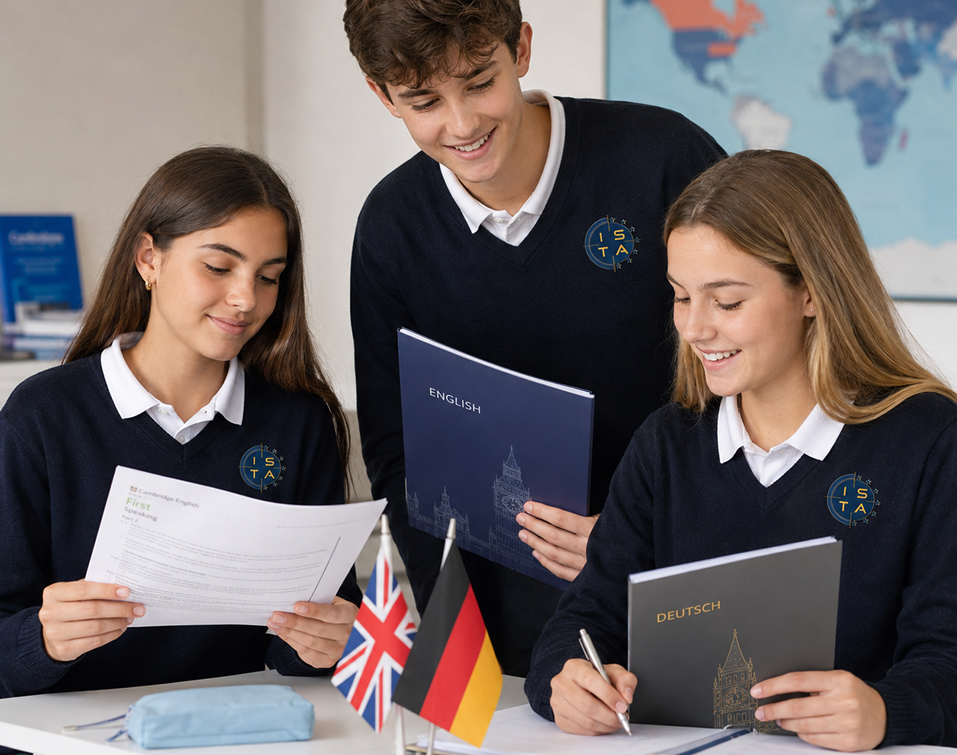 Chico y chicas estudiando idiomas